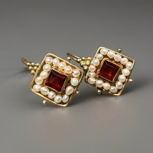 Antique Sterling Silver Square Pearl And Red Stone Earrings